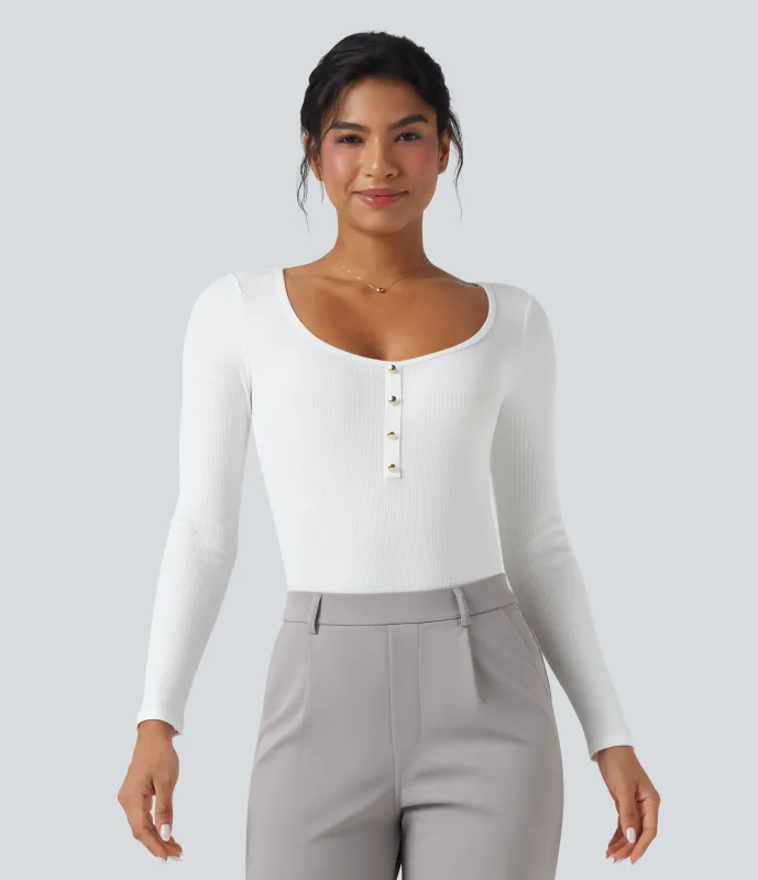 Halara Body de oficina de manga larga con cuello en U y punto acanalado - White - XL sold by Halara