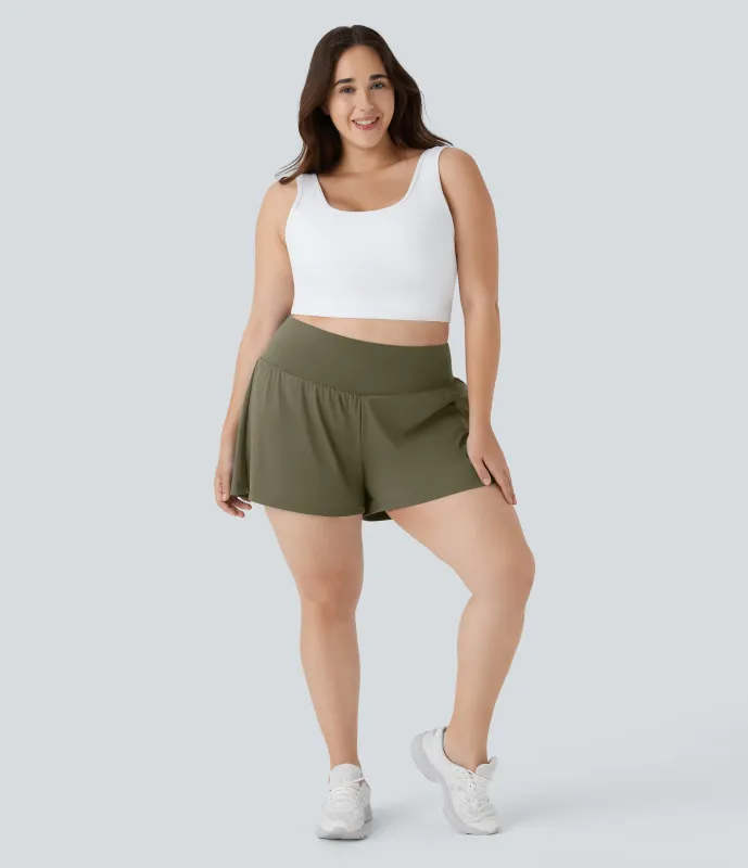 Halara Pantalón corto talla grande yoga 2 en 1 tiro súper alto bolsillo trasero oculto lateral más largo 10cm - Withered Green - 3X(Long) sold by Halara