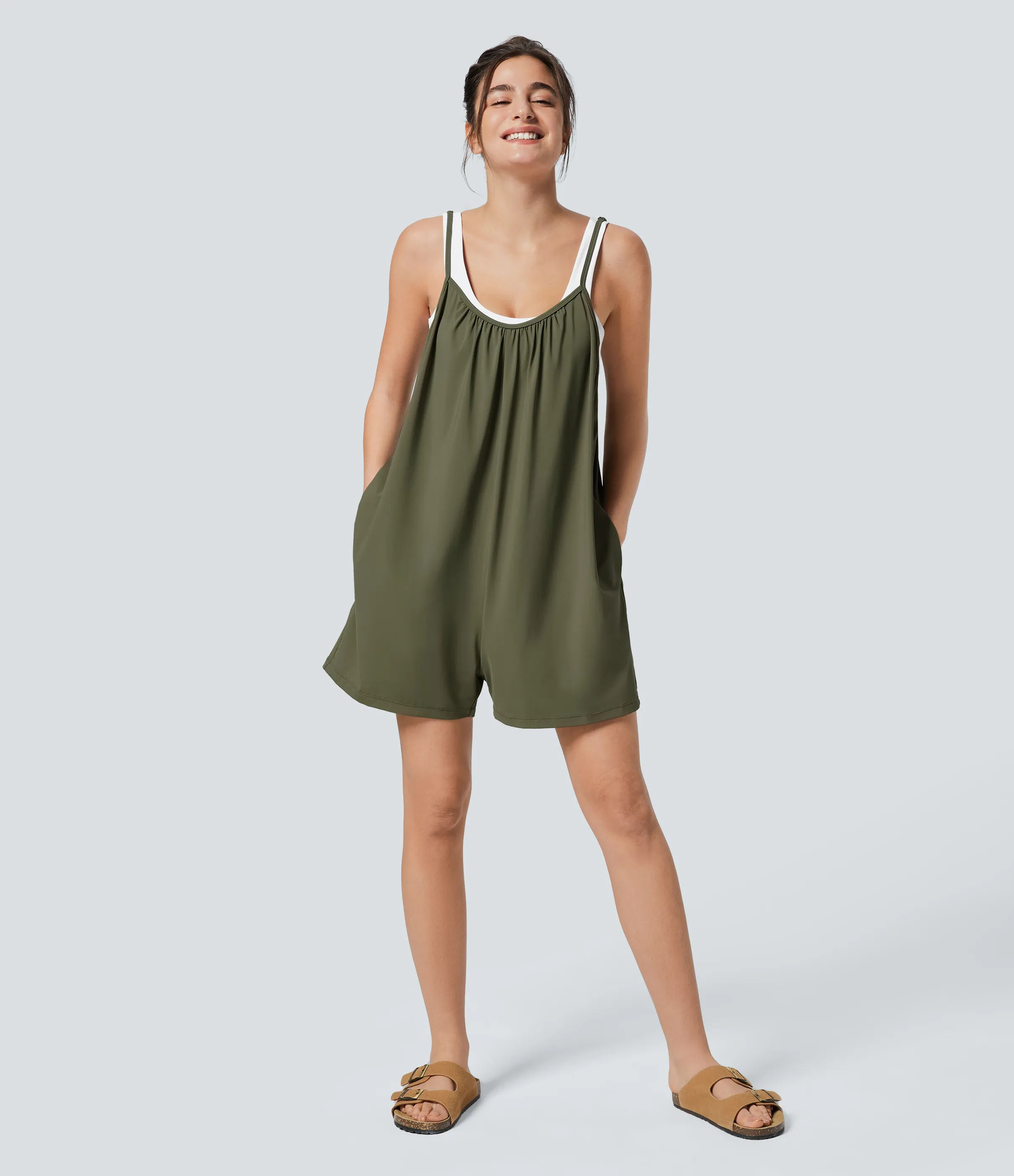 Halara Mono pierna ancha liso bolsillo lateral plisado correa ajustable espagueti - Winter Moss - L(regular) sold by Halara product image thumbnail 2