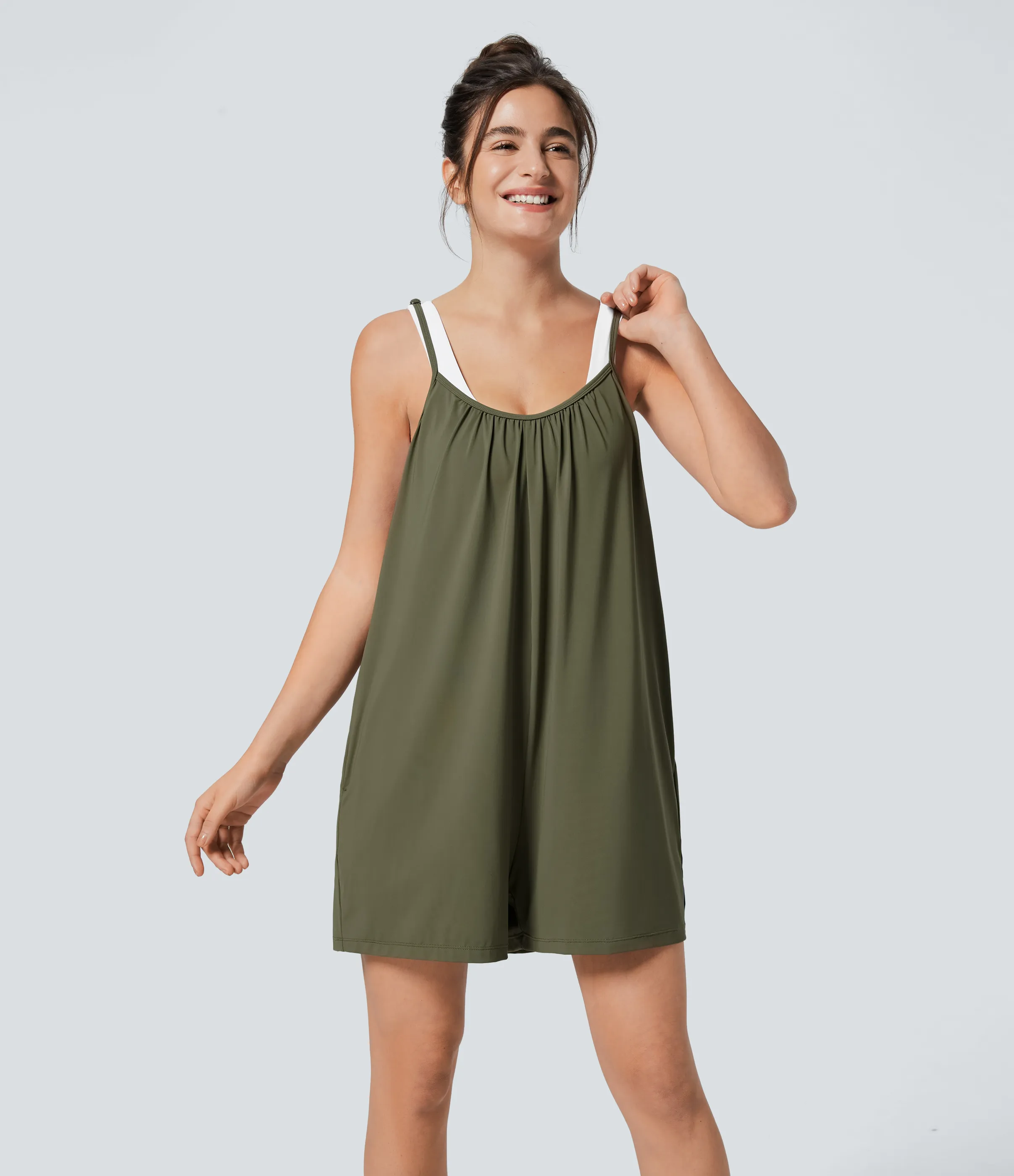 Halara Mono pierna ancha liso bolsillo lateral plisado correa ajustable espagueti - Winter Moss - L(regular) sold by Halara product image thumbnail 4