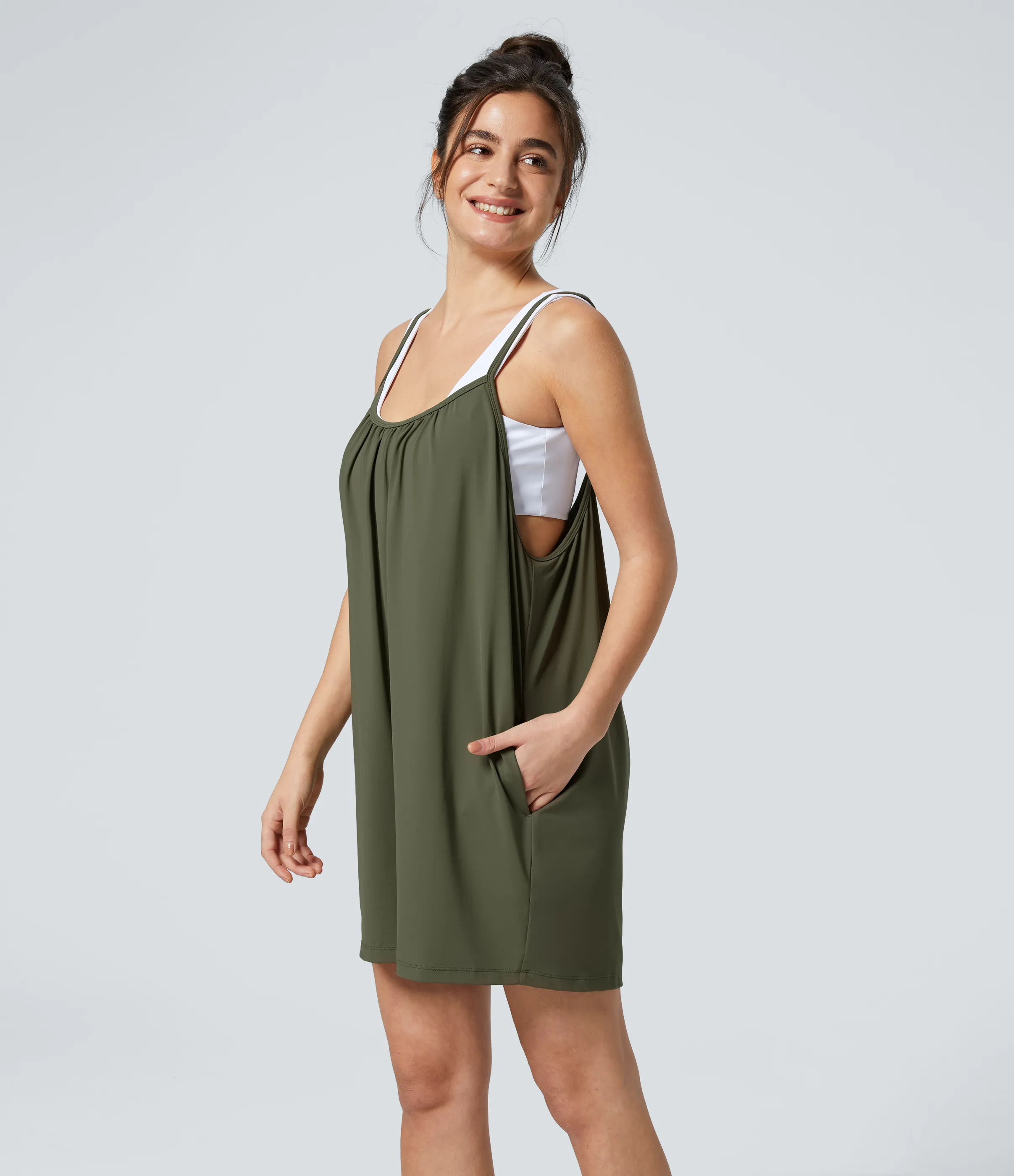 Halara Mono pierna ancha liso bolsillo lateral plisado correa ajustable espagueti - Winter Moss - L(regular) sold by Halara product image thumbnail 5