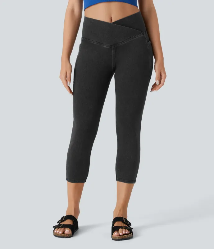 Halara Leggings Halara Flex™ Denim capri mezclilla elástico lavado bolsillo lateral cruzado - Hemp Rope Black Denim - XL(regular) sold by Halara