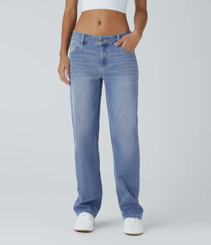 Halara Jeans Halara Flex™ Denim elástico lavado pierna recta cierre botón múltiple bolsillo tiro bajo - Sea Blue Denim - M(petite) sold by Halara