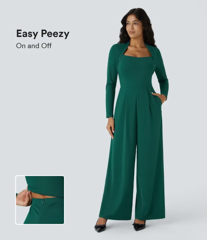 Halara Mono dama honor invitada boda manga larga bolsillo lateral cremallera invisible pierna ancha - Easy Peezy - Rain Forest - XS(tall) sold by Halara