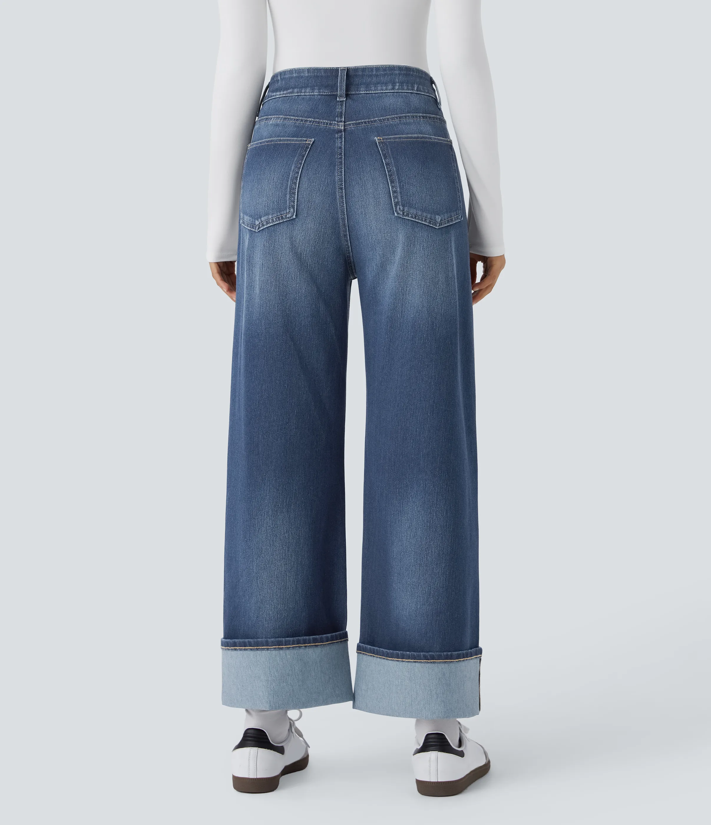 Halara Jeans Halara Flex™ Denim elástico lavado pierna ancha tiro alto múltiple bolsillo dobladillo ajustable - Paint Blue Denim - XL(regular) sold by Halara product image thumbnail 3