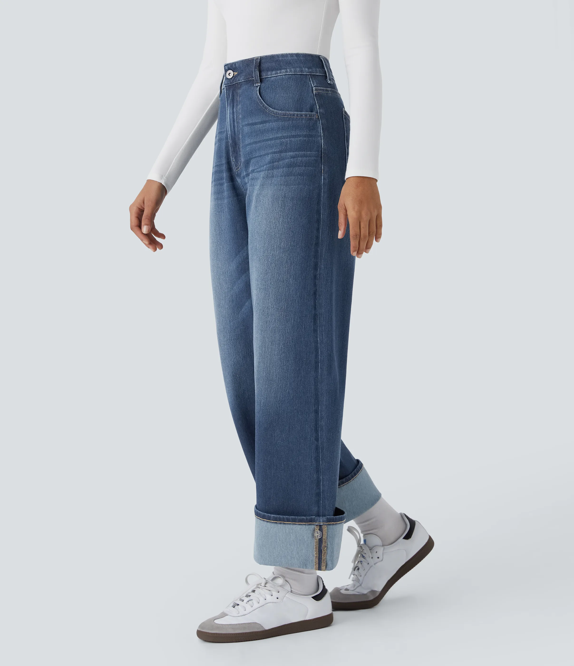 Halara Jeans Halara Flex™ Denim elástico lavado pierna ancha tiro alto múltiple bolsillo dobladillo ajustable - Paint Blue Denim - XL(regular) sold by Halara product image thumbnail 4