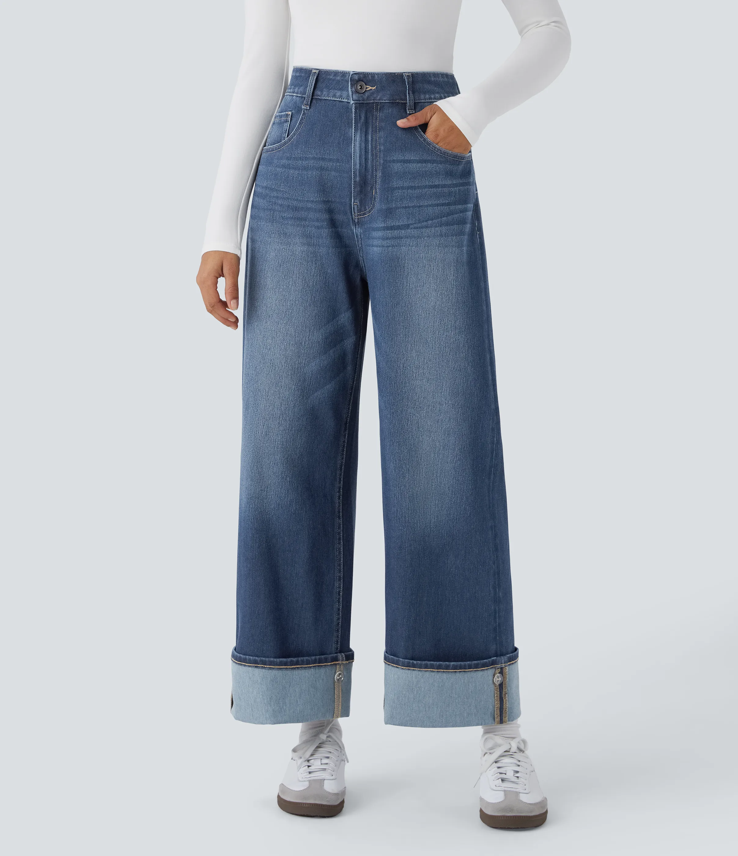 Halara Jeans Halara Flex™ Denim elástico lavado pierna ancha tiro alto múltiple bolsillo dobladillo ajustable - Paint Blue Denim - XL(regular) sold by Halara product image thumbnail 5