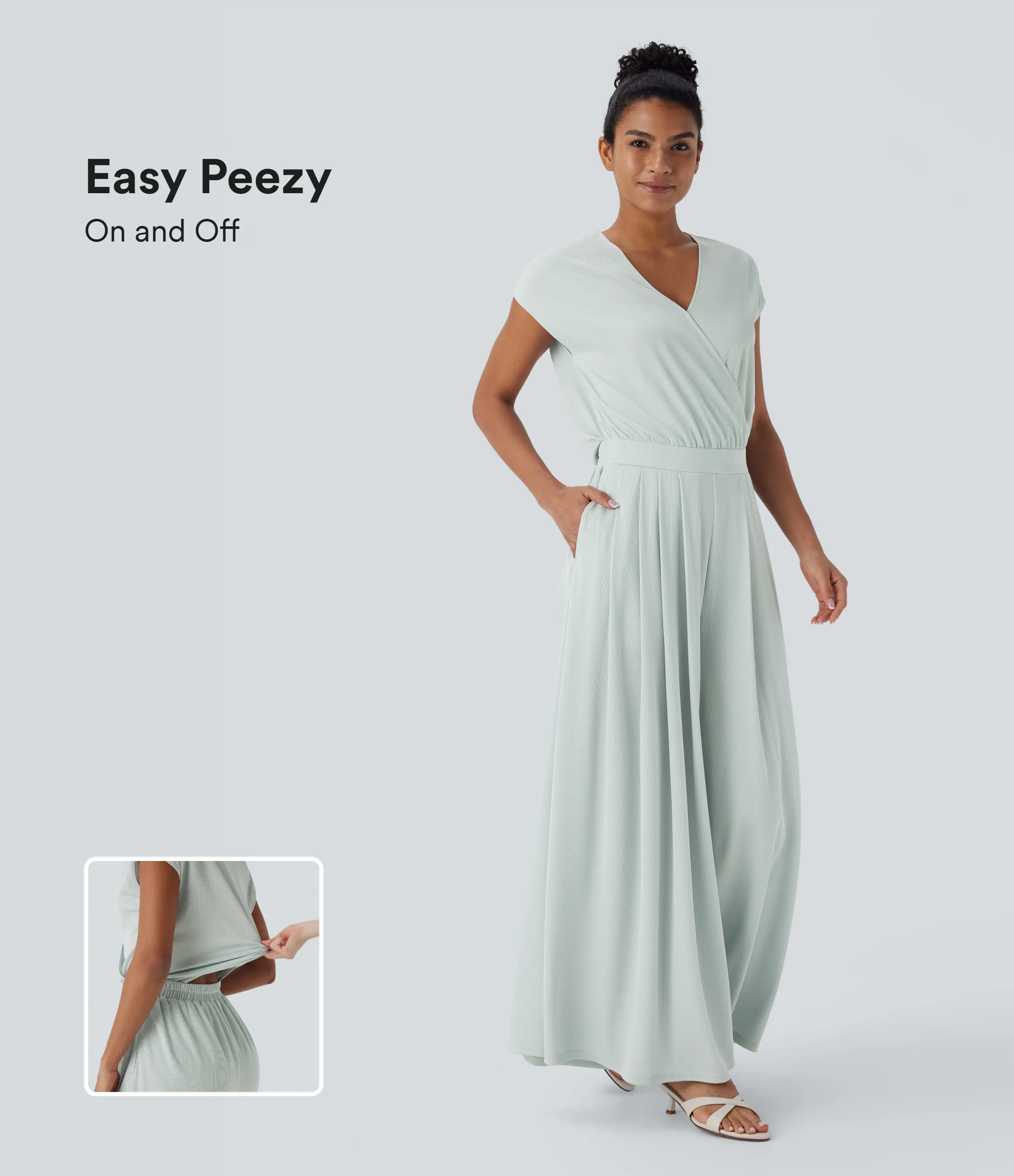 Halara Mono holgado cuello V manga corta bolsillo lateral pierna ancha edición Easy Peezy - Frost Clear Haze - S(regular) sold by Halara product image thumbnail 2