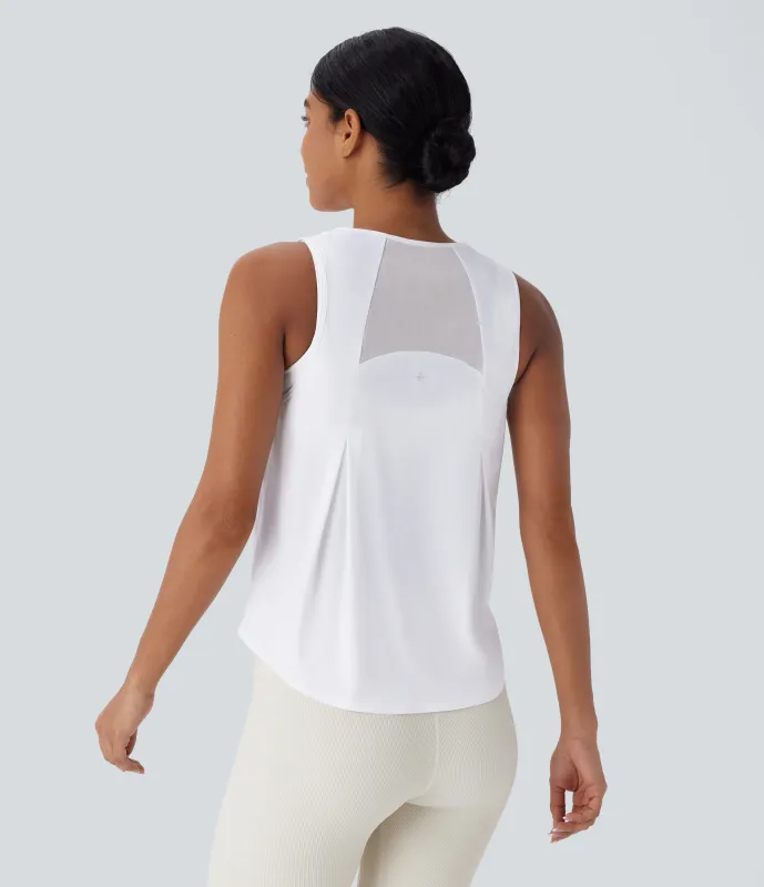 Halara Camiseta sin mangas correr secado rápido tacto fresco dobladillo curvo malla contrastante - White - M made by Halara