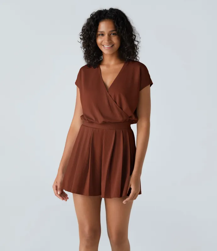 Halara Mono cuello V manga corta bolsillo lateral plisado gofre - Brandy Brown - XL sold by Halara