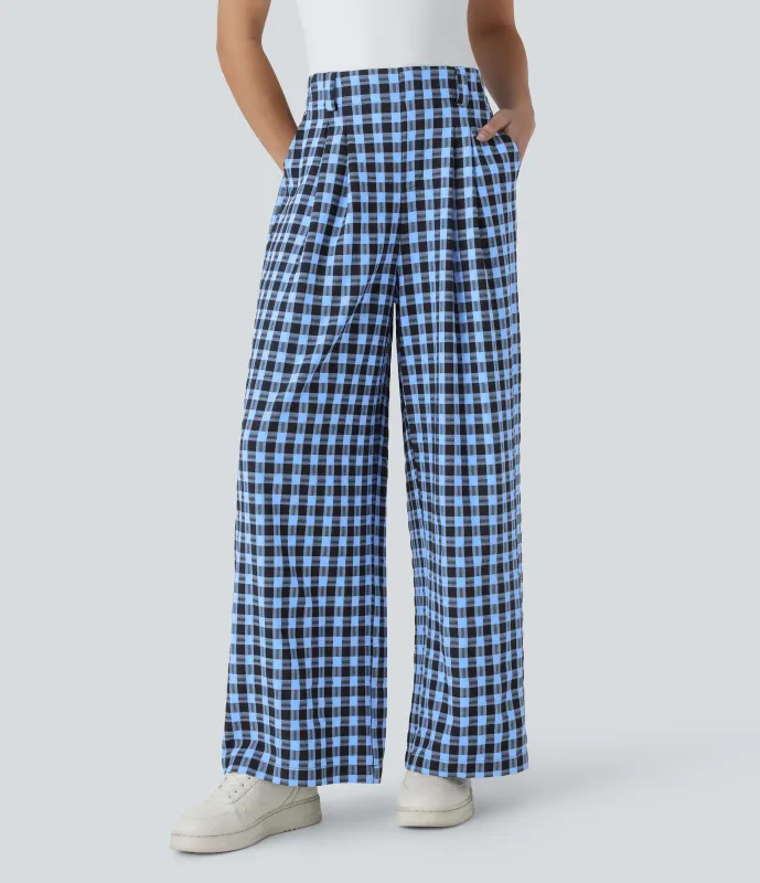 Halara Pantalón cuadro pierna ancha bolsillo lateral tiro alto - Sky Blue Architectural Plaid - L(regular) sold by Halara