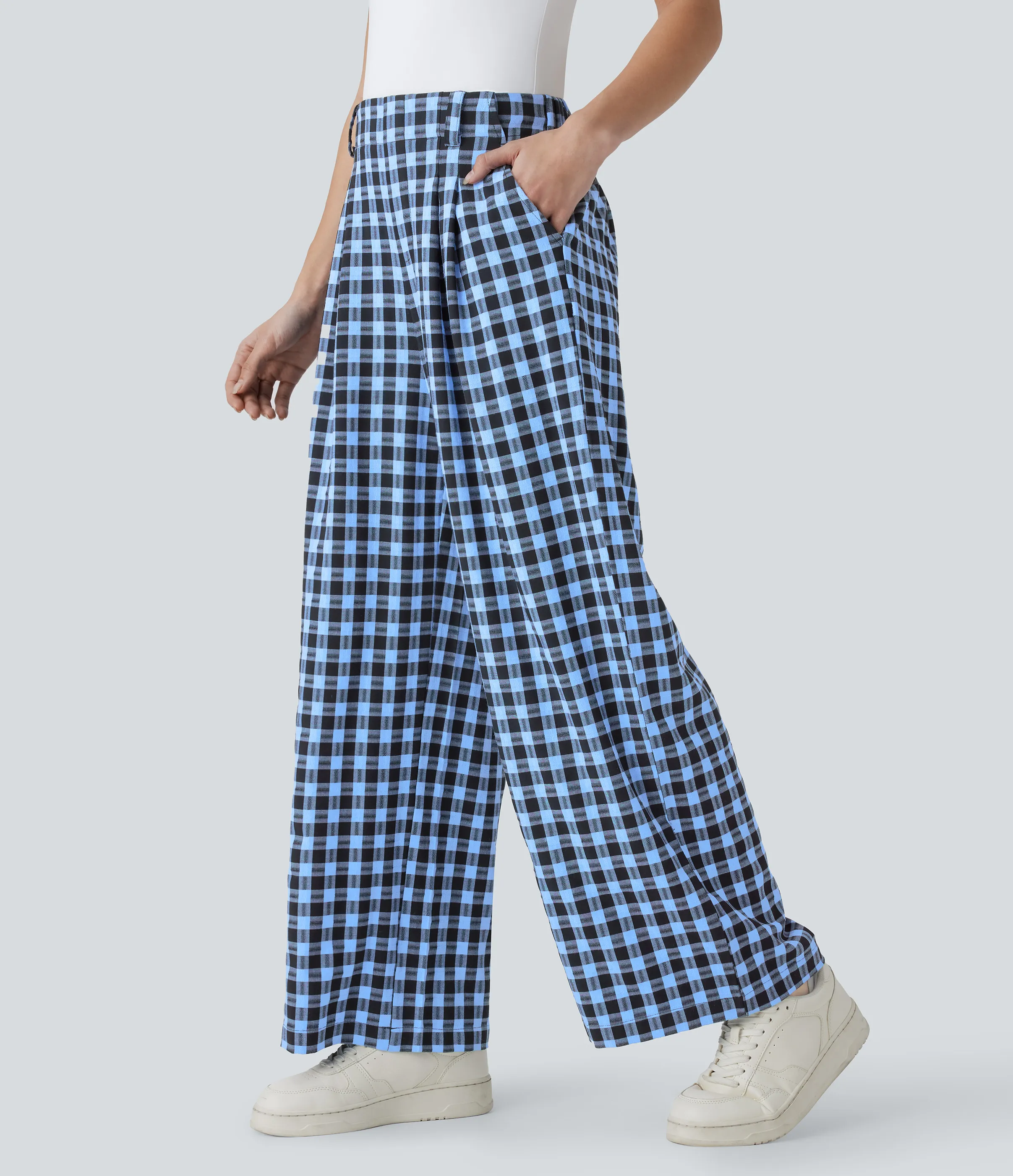 Halara Pantalón cuadro pierna ancha bolsillo lateral tiro alto - Sky Blue Architectural Plaid - L(regular) sold by Halara product image thumbnail 4