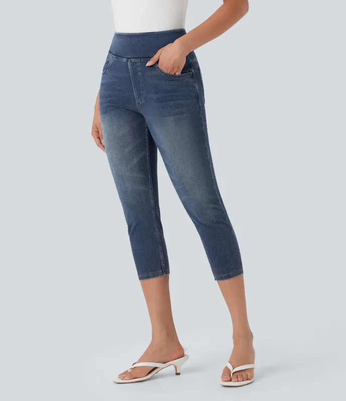 Halara Leggings capri Halara Flex™ Denim mezclilla elástica de tiro alto con bolsillos - Royal Blue Denim - L(regular) sold by Halara