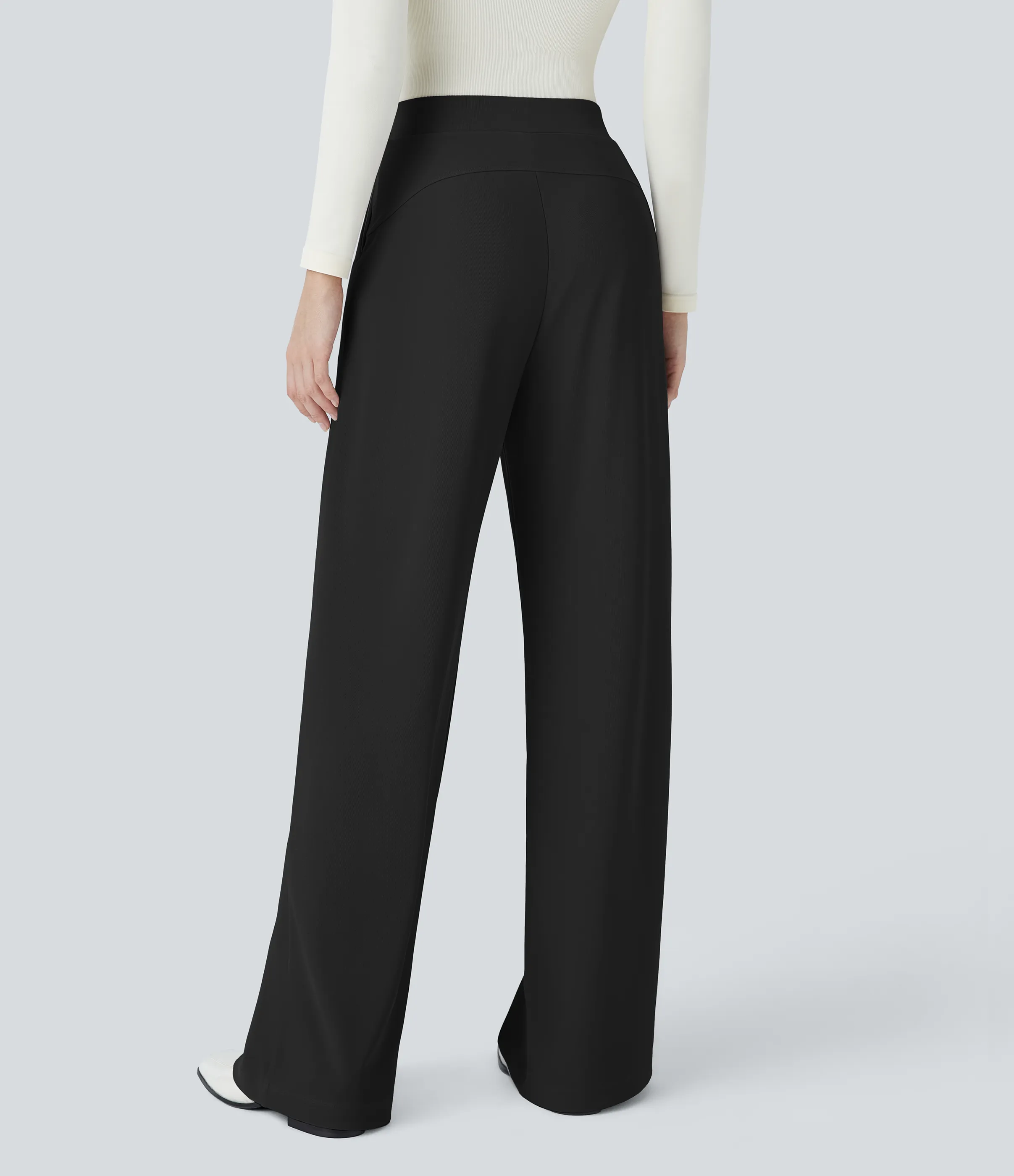 Halara Pantalón Halara Flex™ oficina tiro alto control abdomen adelgazan tiro bolsillo lateral pierna ancha micro gofre - Black - M(tall) sold by Halara product image thumbnail 3