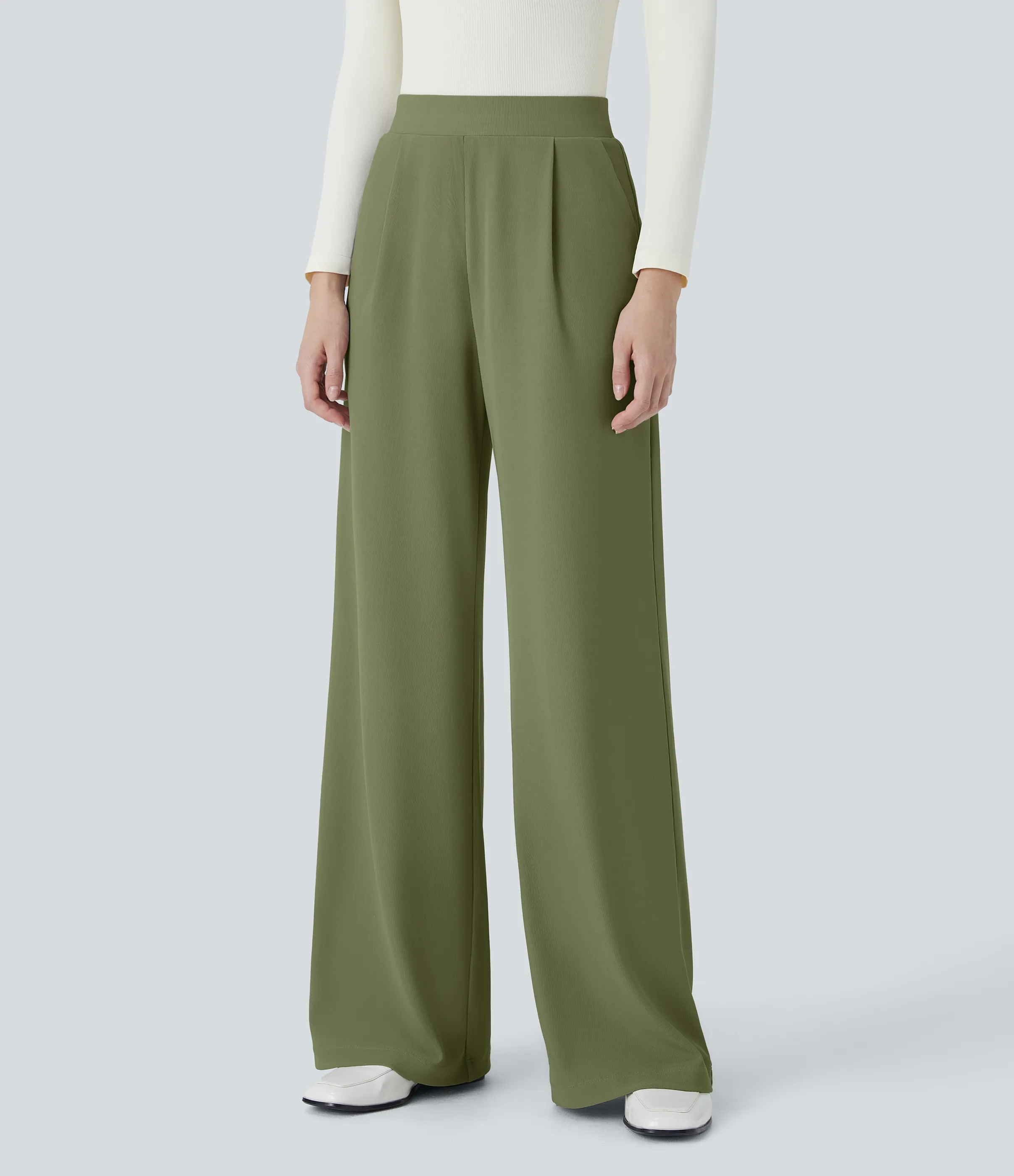 Halara Pantalón Halara Flex™ oficina tiro alto control abdomen adelgazan tiro bolsillo lateral pierna ancha micro gofre - Mosstone - S(regular) sold by Halara