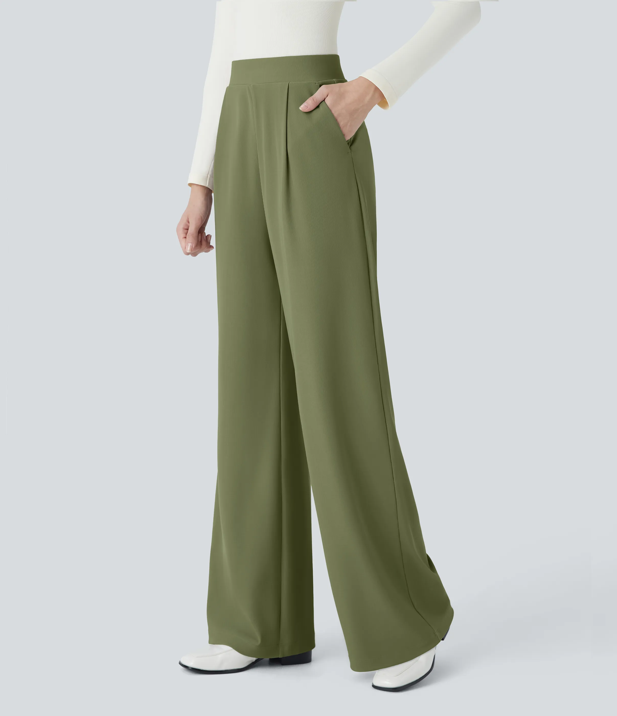 Halara Pantalón Halara Flex™ oficina tiro alto control abdomen adelgazan tiro bolsillo lateral pierna ancha micro gofre - Mosstone - S(regular) sold by Halara product image thumbnail 4