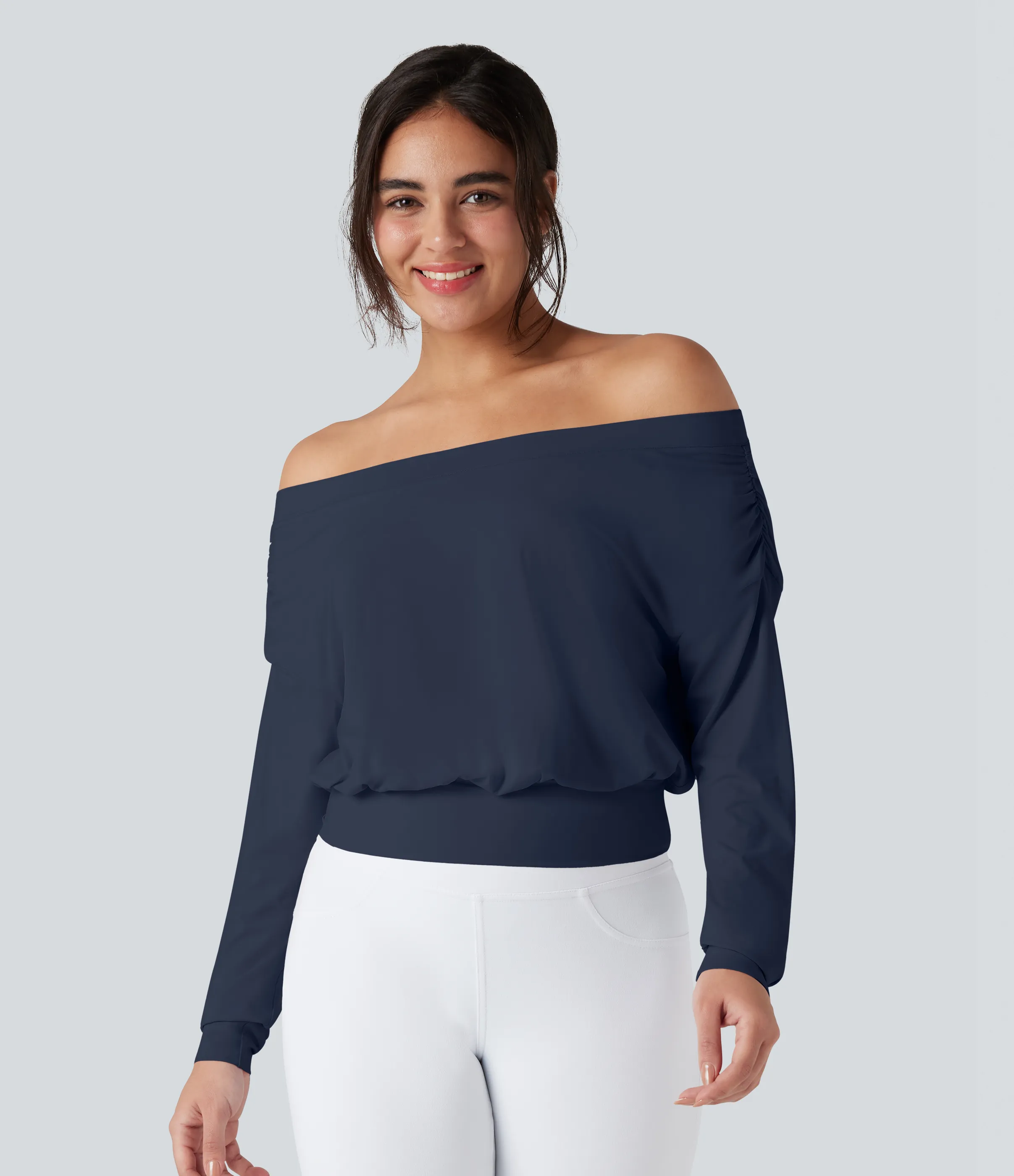 Halara Top deportivo de yoga de secado rápido extragrande con hombros descubiertos y tacto fresco - Mood Indigo - XL sold by Halara