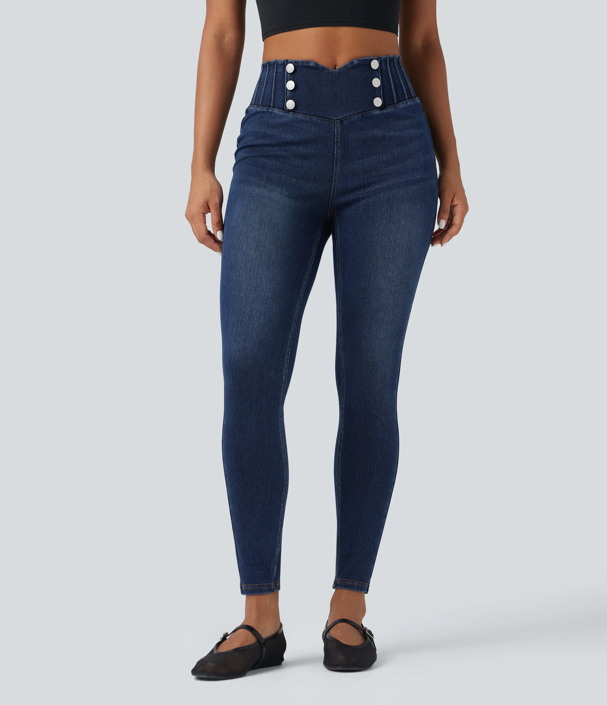 Halara Leggings casuales ajustados de mezclilla Halara Flex™ con control de abdomen y tiro alto con bolsillos - Estate Blue Denim - L(regular) sold by Halara