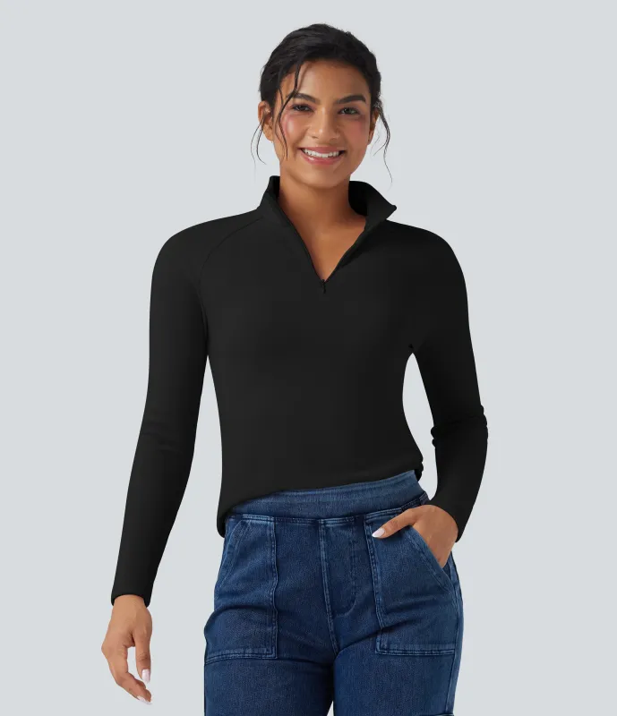 Halara Top casual de polar de manga larga con media cremallera - Black - S sold by Halara