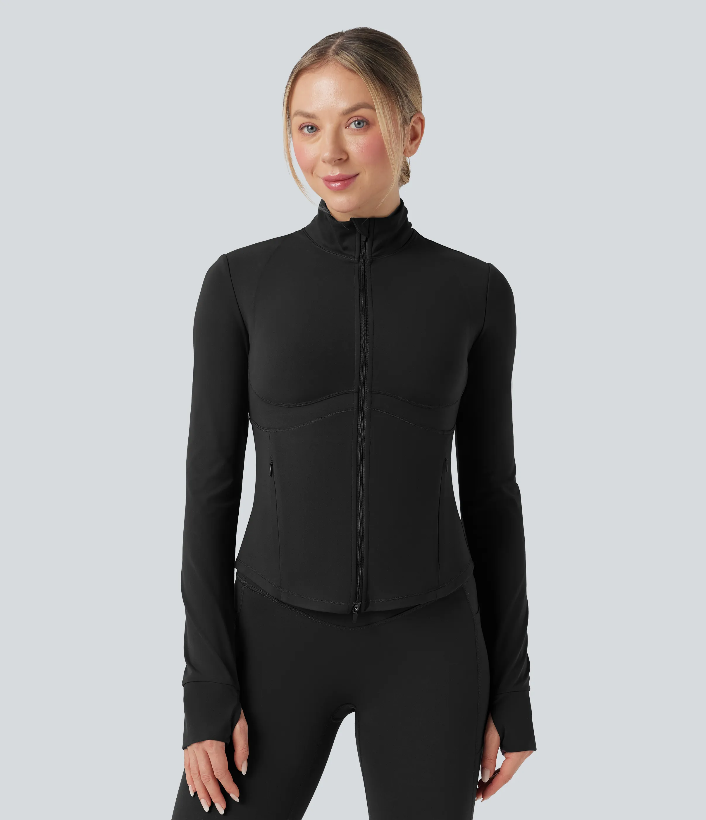 Halara Chamarra de yoga Halara UltraSculpt™ con cuello alto de manga larga y push-up con abertura para el pulgar y bolsillos - Black - XL sold by Halara product image thumbnail 2