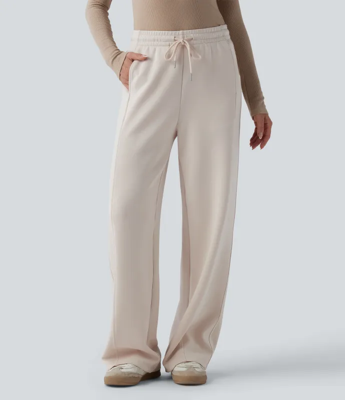 Halara Pantalones casuales anchos de tiro medio con cordón y bolsillos - Rainy Day - XL(regular) sold by Halara