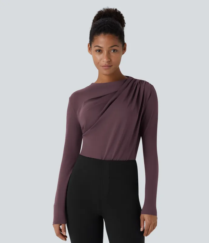 Halara Blusa oficina ajustada manga larga fruncida cuello vuelto - Plum Wine - M sold by Halara