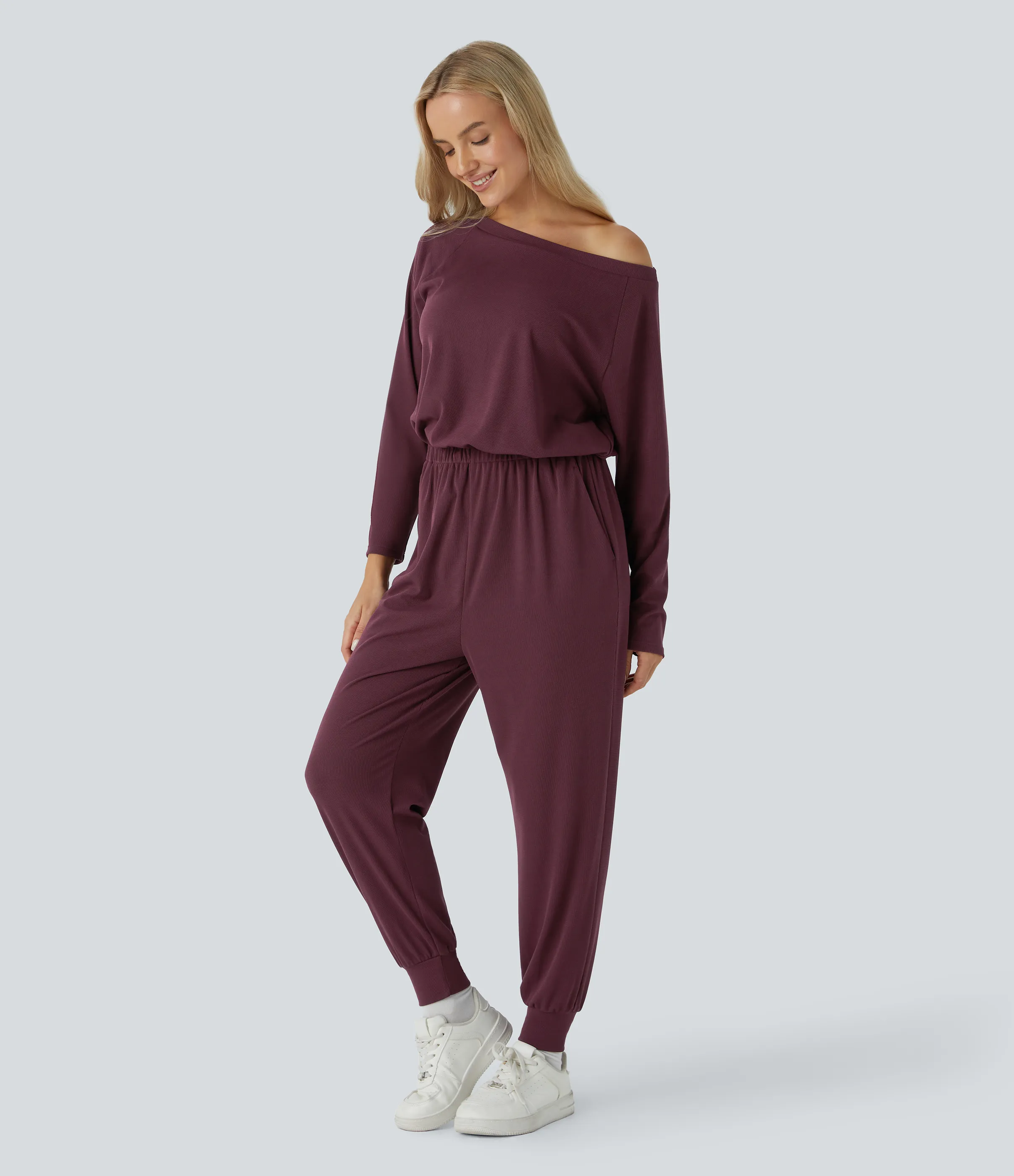 Halara Mono sin hombro manga larga bolsillo lateral plisado gofre - Evening Red - XL(regular) sold by Halara product image thumbnail 2