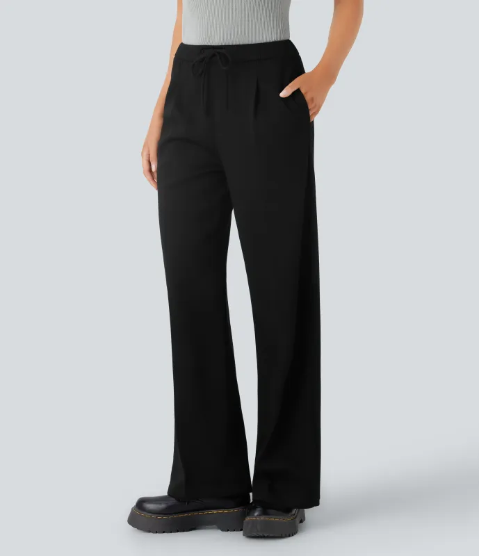 Halara Pantalón oficina tiro medio cordón bolsillo lateral pierna recta - Black - S(regular) sold by Halara