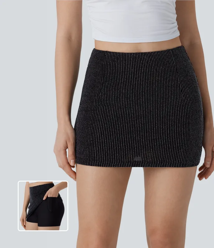 Halara Mini Falda ajustada tiro alto bolsillo lateral raya metalizada 2 en 1 - Black White Starlight Stripe - S(regular) sold by Halara