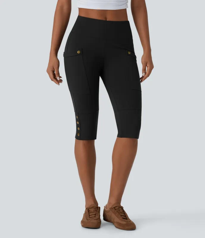 Halara Shorts casuales ajustados moldeadores de abdomen y tiro alto, con bolsillos y botones decorativos  - Black - L sold by Halara