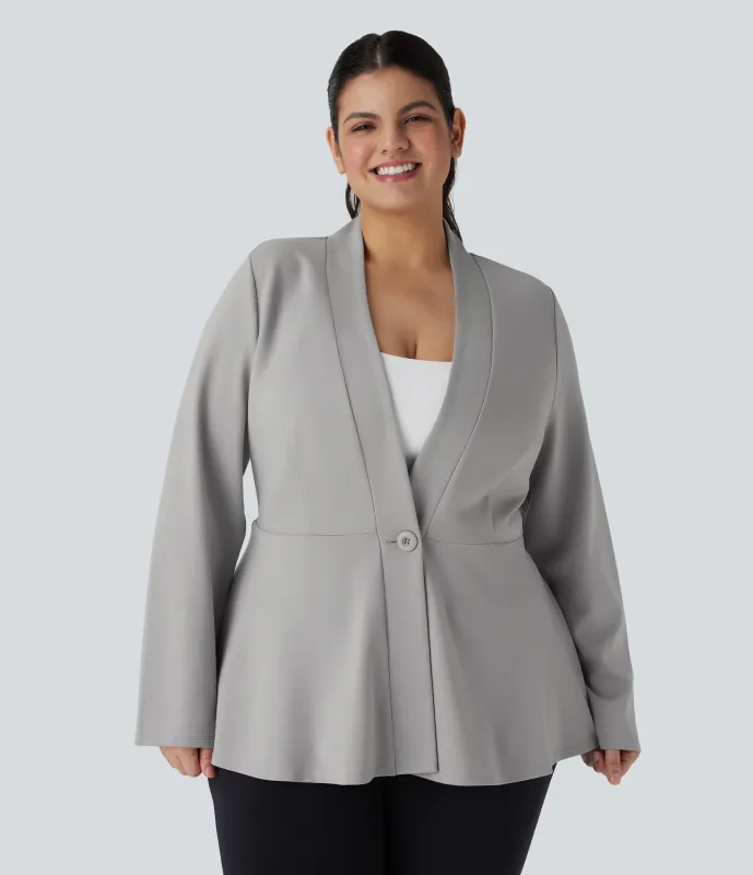 Halara Chaqueta de oficina peplum de manga larga con cuello en V con botón en tallas grandes - Earthy Gray - 2X made by Halara