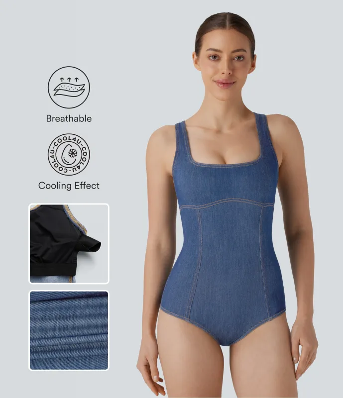 Halara Body Halara Flex™ Denim mezclilla tenis elástica desgastada cuello cuadrado y espalda nadadora con tacto frío - Tide Blue Denim - M made by Halara