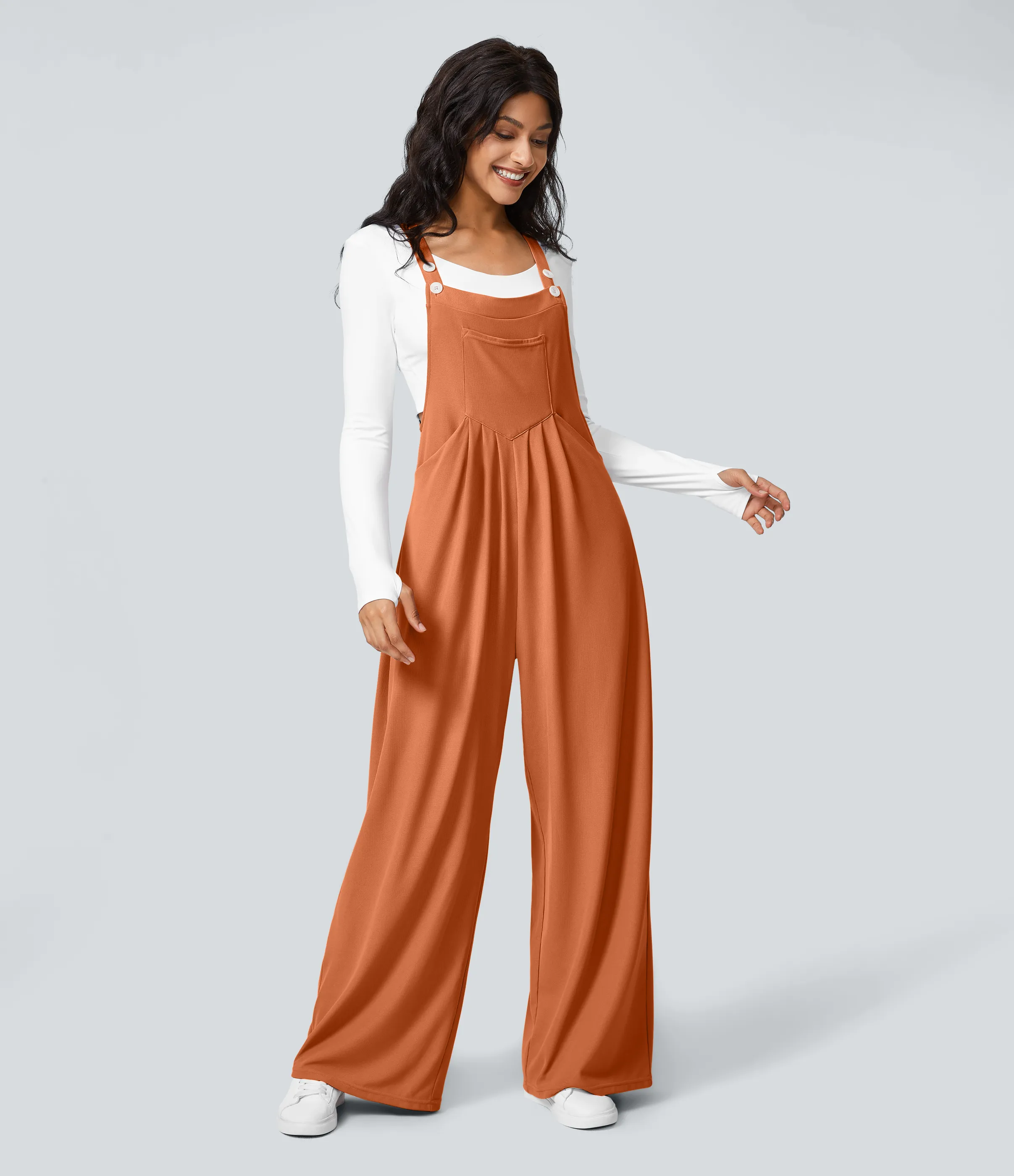 Halara Overol botón correa ajustable bolsillo múltiple gofre plisado - Apricot Orange - L(regular) sold by Halara product image thumbnail 3