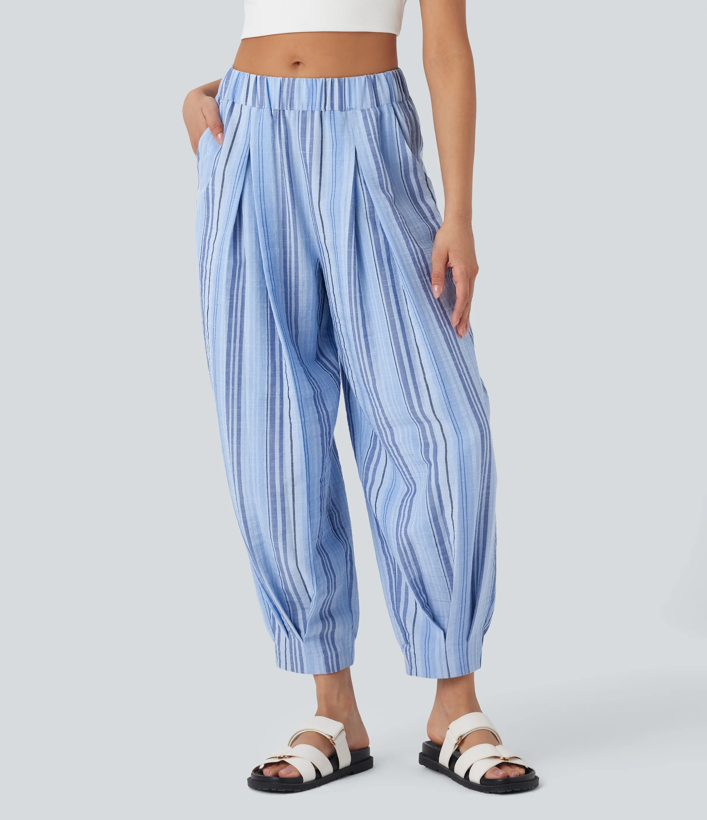 Halara Joggers casuales de lino con rayas de tiro medio y múltiples bolsillos - Bohemia Yarn Dye Blue Stripe - S(regular) sold by Halara product image thumbnail 2