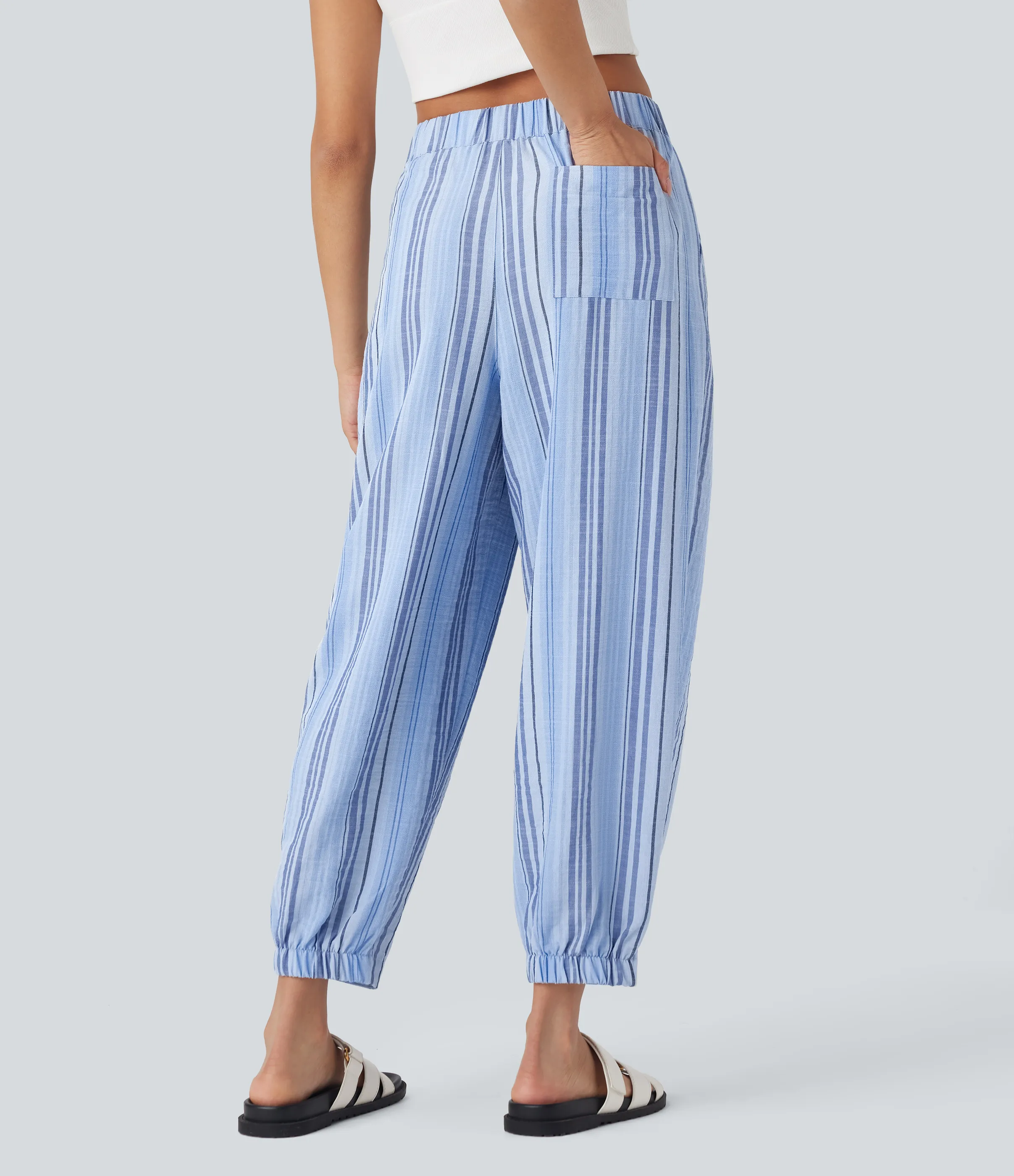 Halara Joggers casuales de lino con rayas de tiro medio y múltiples bolsillos - Bohemia Yarn Dye Blue Stripe - S(regular) sold by Halara product image thumbnail 3