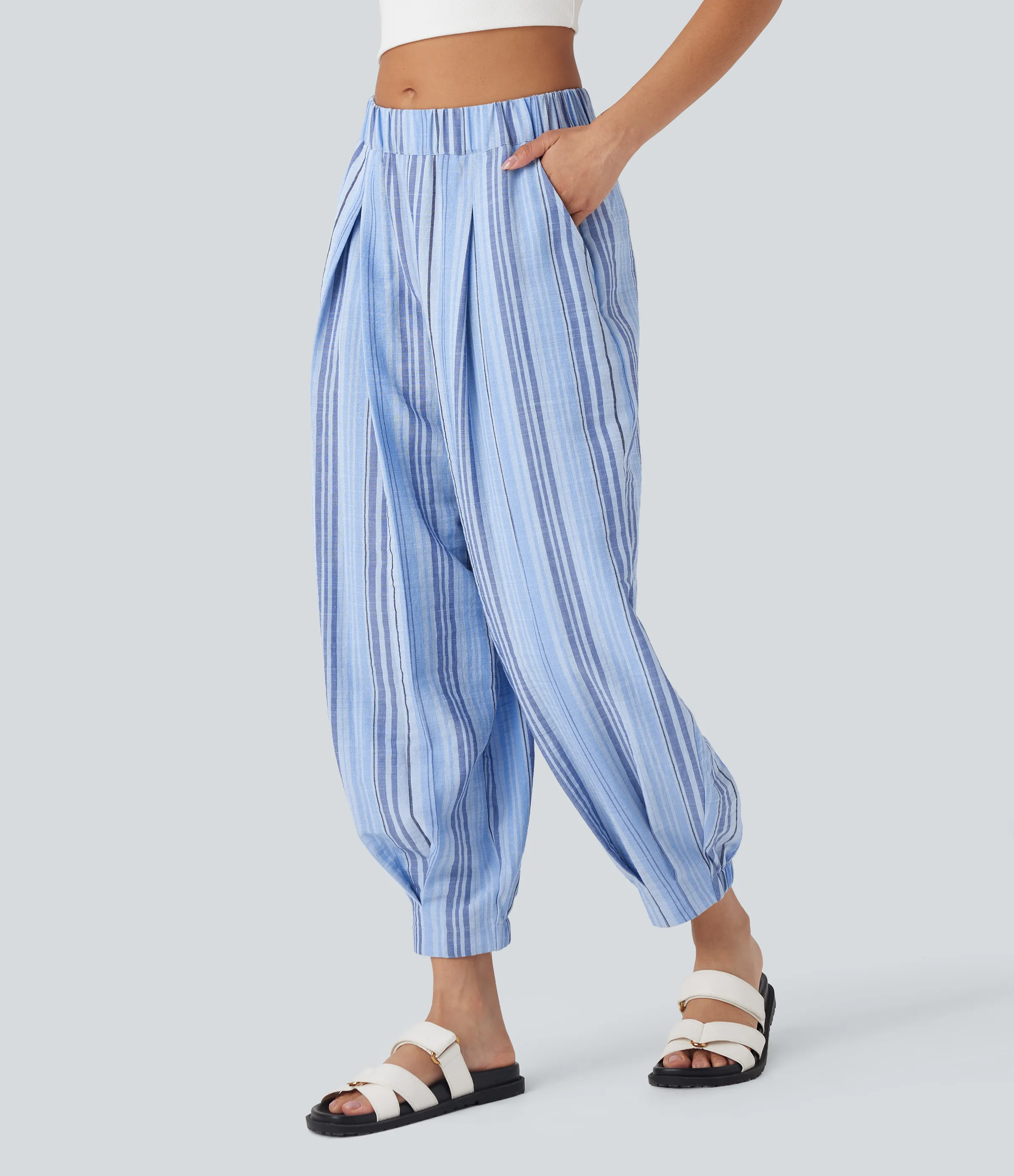 Halara Joggers casuales de lino con rayas de tiro medio y múltiples bolsillos - Bohemia Yarn Dye Blue Stripe - S(regular) sold by Halara product image thumbnail 4