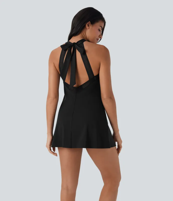 Halara Vestido corto de yoga Softlyzero™ 2 en 1 fresco al tacto con espalda descubierta y bolsillo lateral con cierre de lazo UPF 50+ - Black - L sold by Halara