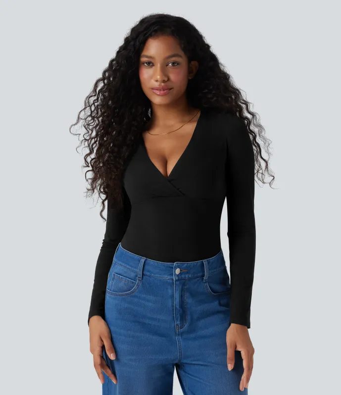 Halara Top casual de manga larga con escote en V profundo - Black - S sold by Halara