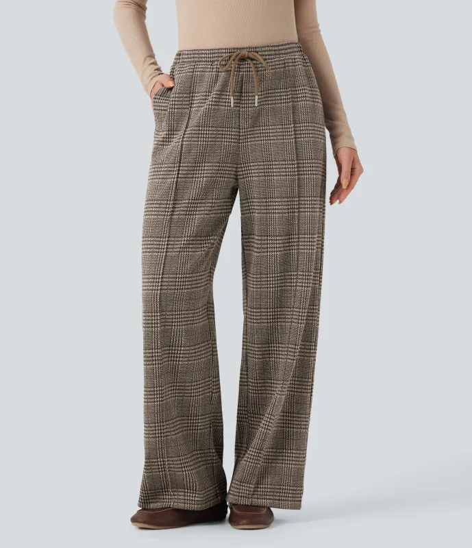 Halara Pantalones de oficina rectos Halara Flex™ de tiro medio con cordón a cuadros y bolsillos - Brown Houndstooth Plaid - XS(regular) sold by Halara