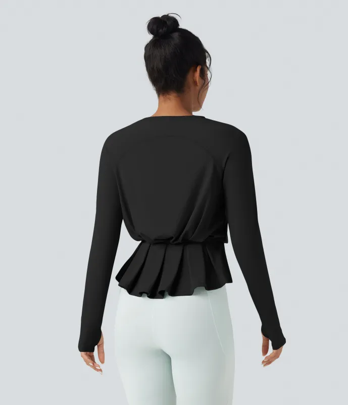Halara Top deportivo de yoga SoftlyZero™ Airy plisado de manga larga con cuello redondo, abertura para el pulgar y tacto fresco - UPF 50+ - Black - L sold by Halara