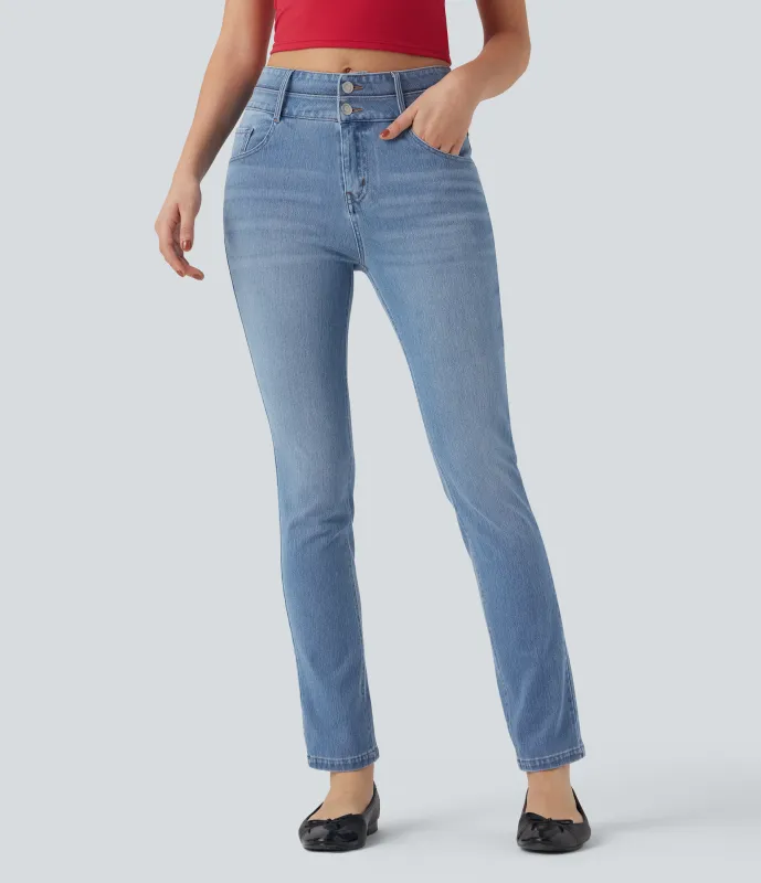 Halara Jeans ajustados casuales Halara Flex™ de tiro medio con cintura doble y bolsillos  -  Blue Jasper Denim - L(regular) sold by Halara