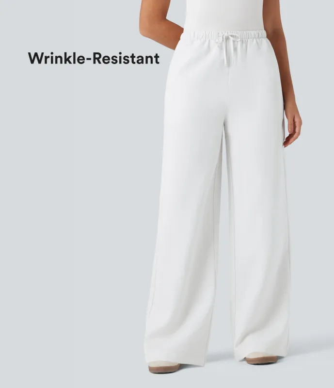 Halara Pantalones casuales anchos de lino resistente a arrugas con tiro alto, cordón ajustable y bolsillos - White - M(regular) sold by Halara