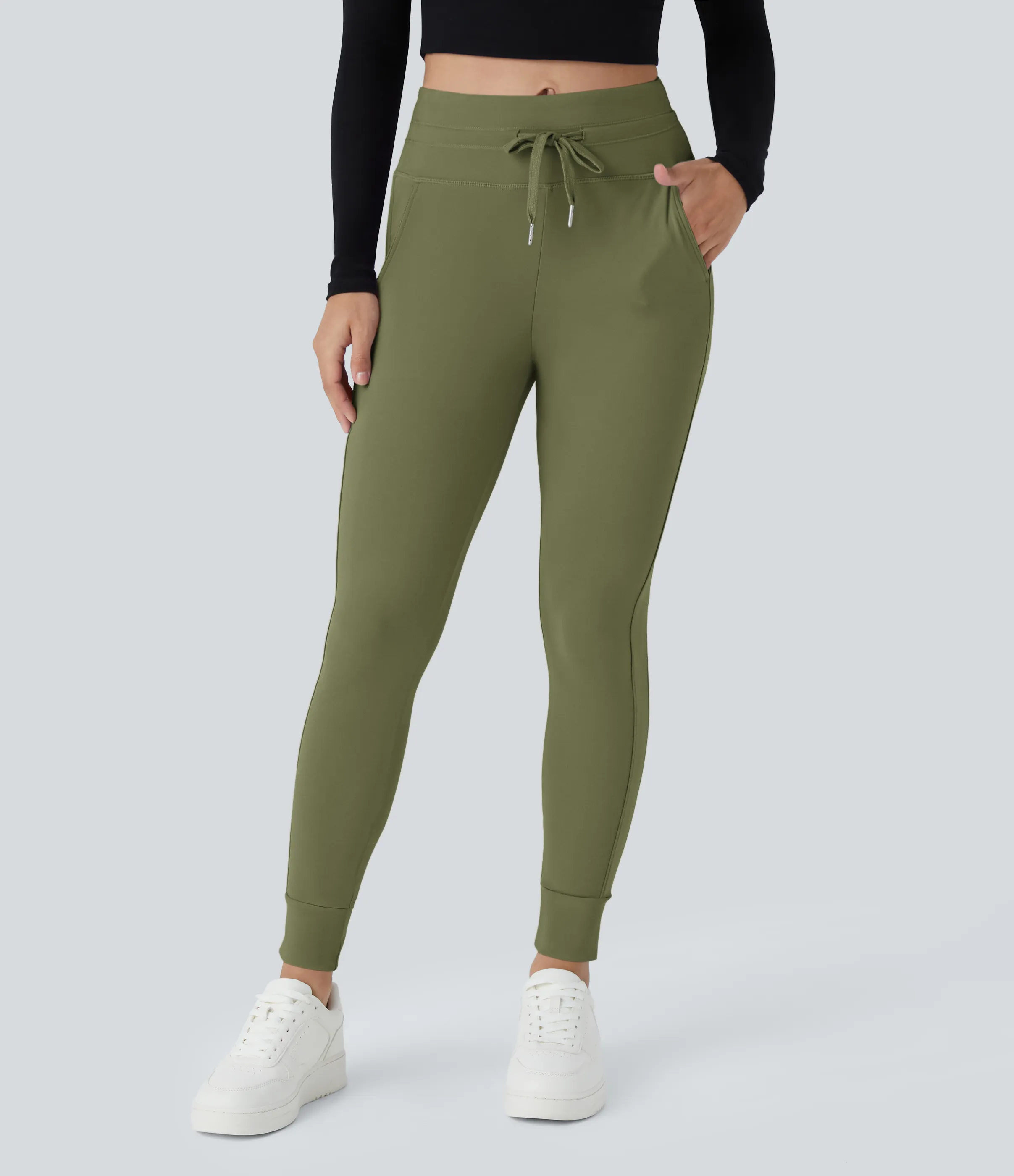 Halara Joggers Softlyzero™ Plush liso largo completo bolsillo lateral cordón tiro alto - Loden Green - L(petite) sold by Halara product image thumbnail 2
