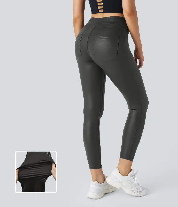 Halara Leggings oficina Softlyzero™ Faux Leather bolsillo lateral trasero tiro alto - Shiny Dusk Black - S(7/8) sold by Halara