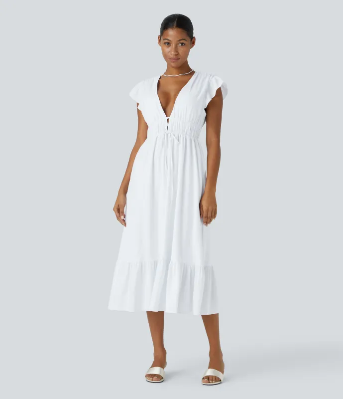 Halara Breezeful™ Vestido midi secado rápido dama de honor invitada boda cuello V profundo manga mariposa sin espalda nudo lateral dobladillo volante - White - L sold by Halara