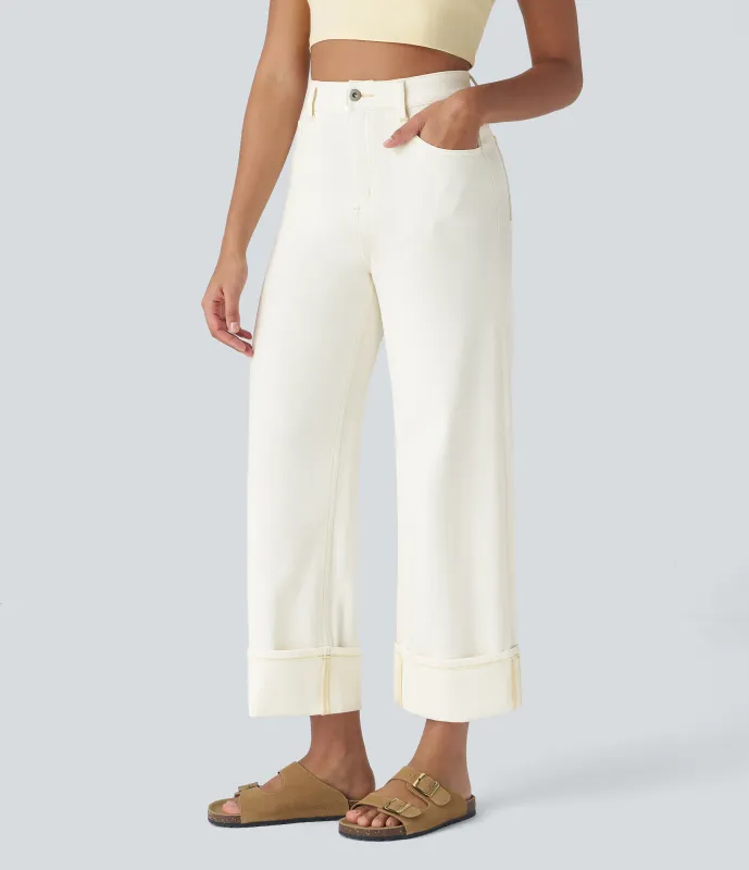 Halara Jeans casuales anchos elásticos Halara Flex™ lavados de tiro alto con varios bolsillos y dobladillo enrollado - Beige Denim - L(petite) sold by Halara