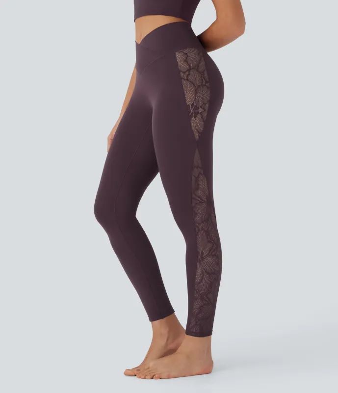 Halara Leggings Softlyzero™ yoga tiro alto encaje contrastante bolsillo trasero cruzado 7/8 pulgada - UPF50+ - Dusky Evening purple - L(full_length) sold by Halara