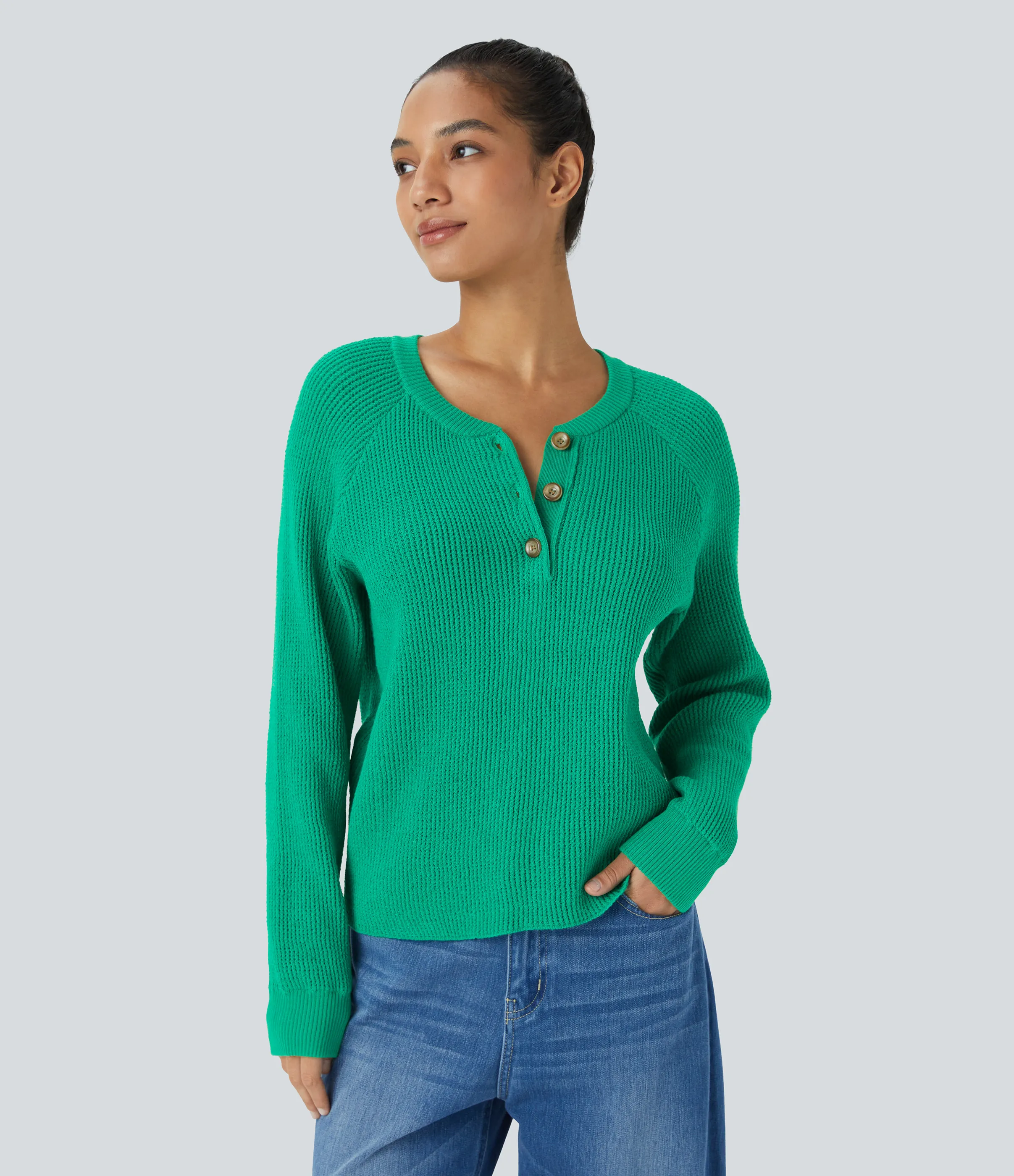 Halara Suéter manga larga botón delantera cuello redondo - Mint Leaf - L sold by Halara product image thumbnail 2