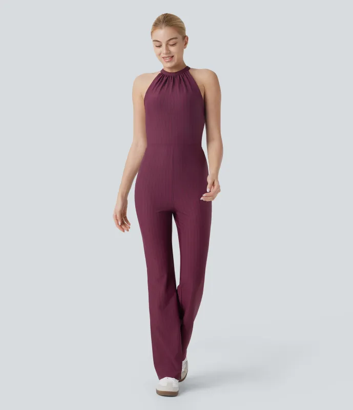 Halara Mono yoga cuello halter sin espalda corte acampanado raya tacto fresco - Wine Red and Black Stripe - S(regular) sold by Halara