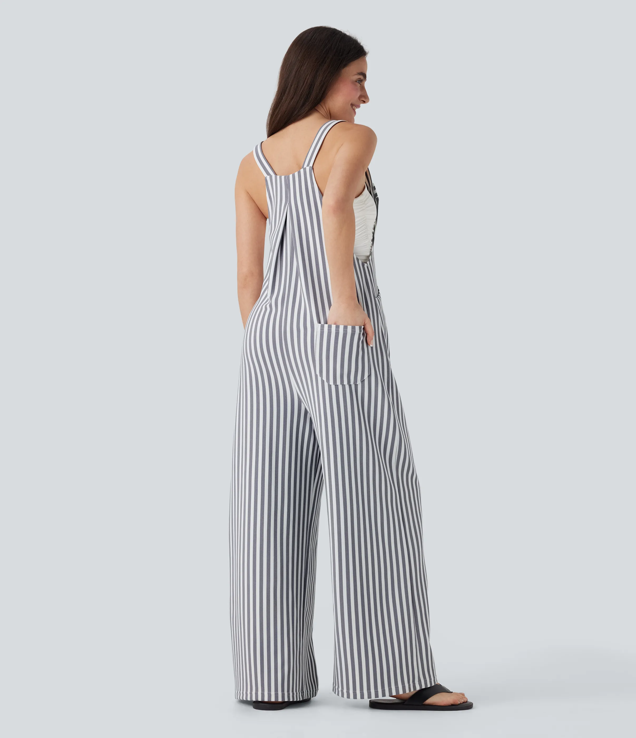 Halara Overol resort gofre raya múltiple bolsillo botón correa ajustable - Stone Stripe - XS(regular) sold by Halara product image thumbnail 3